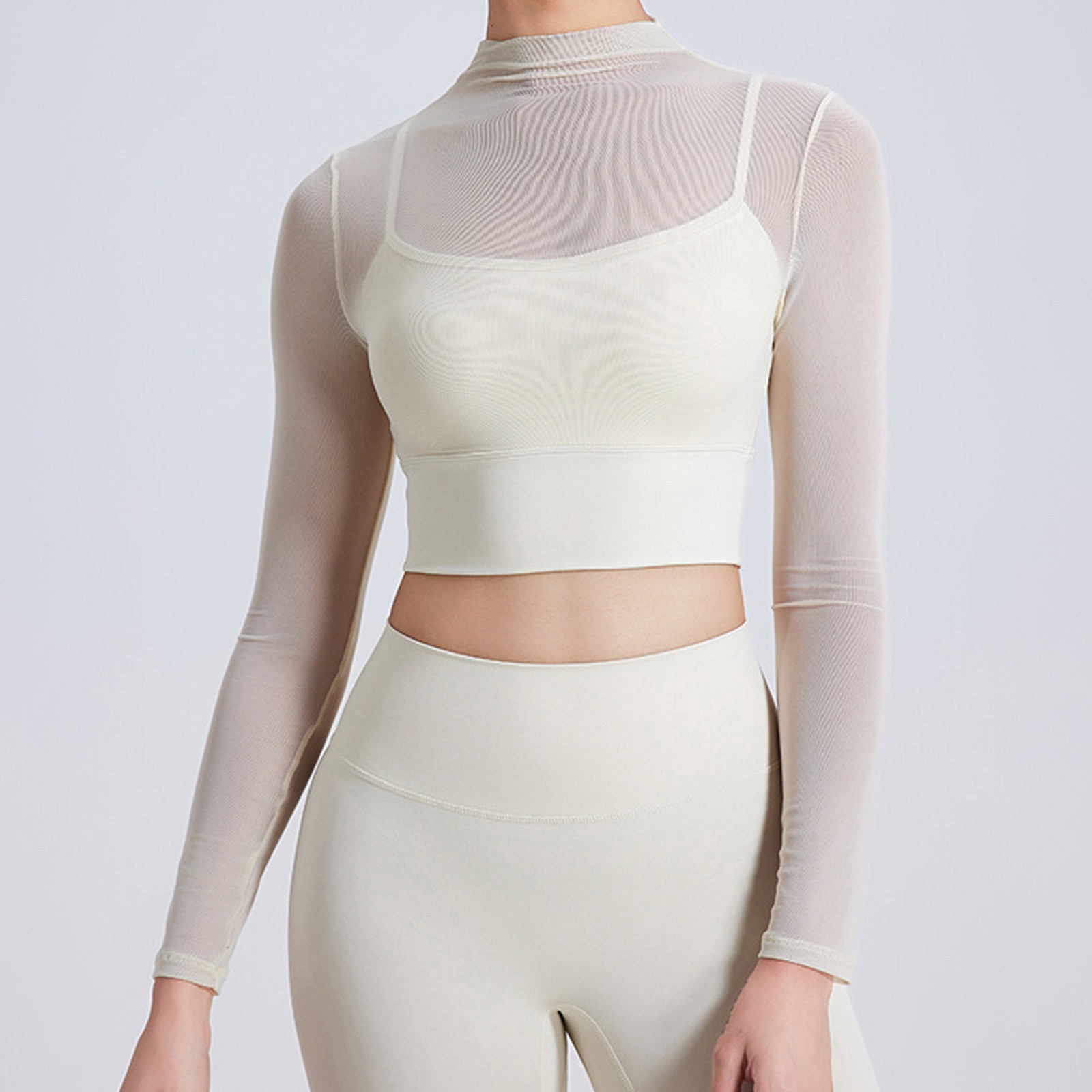 thumbnail image 2 of Traje de yoga de malla para mujer: top deportivo de manga larga con relleno en el pecho, secado rápido, ideal para correr o hacer yoga., 2 of 4